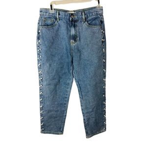 1297 Women's sz small high waisted pearl embellished mom jeans light wash